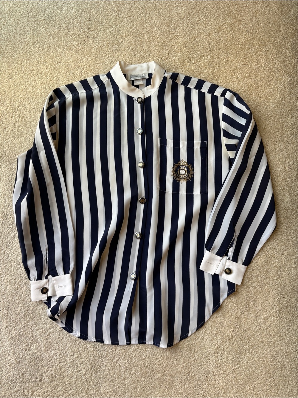 Men's Navy & White Vertical Stripe Button-Down Shirt with Crest